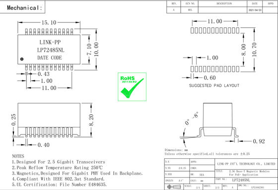 QT24A154P 2.5G बेस-टी PoE + लैन चुंबकीय मॉड्यूल LP72485NL